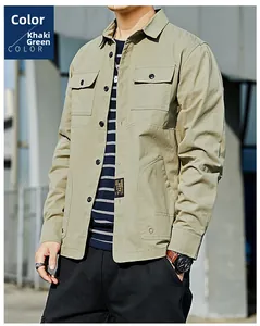 Detail of green workwear shirt with MDTS tag and functional chest pockets for men