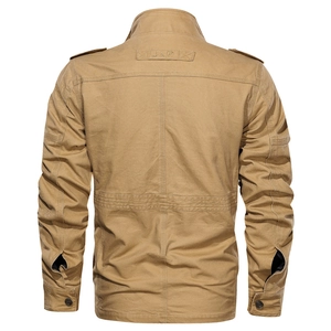 Back view of a khaki multi-pocket tactical cotton jacket with standing collar and logo