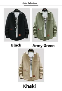 Detailed comparison of cargo shirts in black, army green and khaki with utility pockets