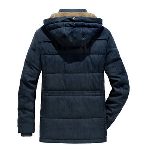 Men's navy blue hooded winter parka with warm fleece lining and quilted back design