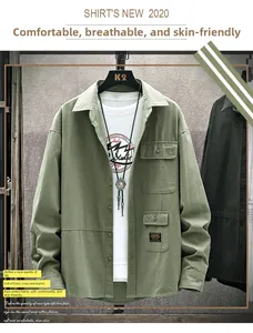 Close-up detail of the durable cotton fabric and chest pockets on army green utility shirt