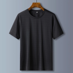 Men's solid black round neck t-shirt with subtle horizontal texture on a wooden hanger