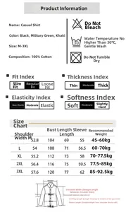 Detailed size chart for men khaki casual shirt with measurements for shoulder and chest