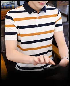 Close-up of men's cotton polo shirt featuring classic navy and yellow horizontal stripes
