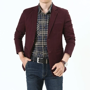 Detail view of burgundy men's slim fit casual denim blazer with notch lapel and pockets
