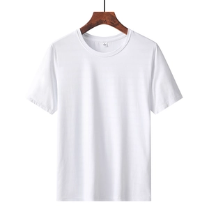 Men's summer white crewneck T-shirt in thin breathable fabric hanging on a wooden hanger