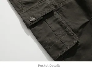 Detailed macro view of olive green cargo pants showing stitching and metal button