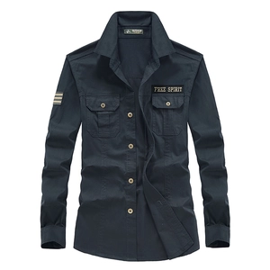Men Military Style Long Sleeve Shirt 98% Cotton Outdoor Casual Slim Fit Turn Down Collar Double Pockets Patch Embroidery Tops