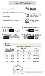 Size chart detail for casual long-sleeved 100% cotton shirts with washing instructions