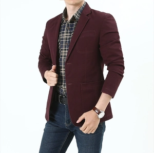 Detailed view of wine red slim fit blazer paired with plaid shirt and brown leather watch