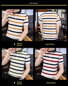 Collage of men striped cotton polo shirts in yellow, green, and red stripes with navy collar