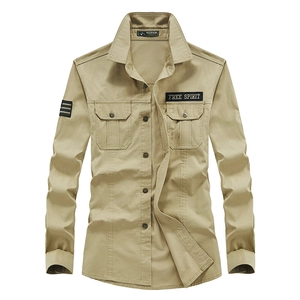 Men's khaki slim fit long sleeve work shirt with utility pockets and woven labels