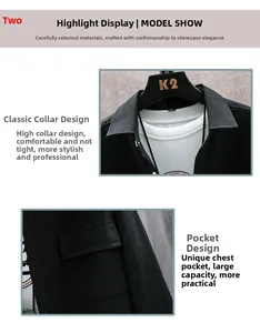 Detail view of khaki casual jacket with classic lapel collar and large chest pockets