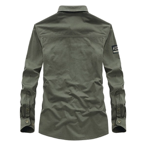 Slim fit men's long sleeve military green cargo shirt with outdoor arm patch and back seam