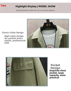 Detail view of military green cargo shirt featuring classic collar and large chest pockets