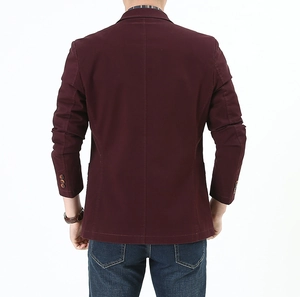 Detailed back view of a men slim fit burgundy casual blazer with central seam and decorative buttons