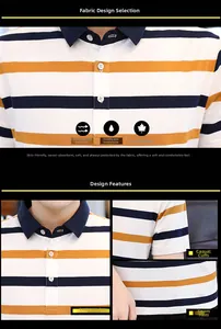 Detail of navy and yellow striped men's polo shirt showing breathable knit fabric and collar