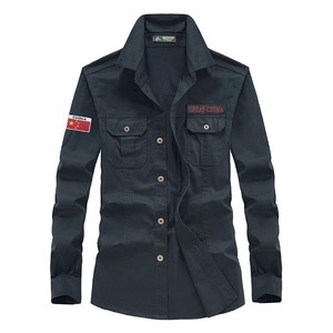 Men's slim fit navy long sleeve outdoor shirt with China flag patch and chest pockets