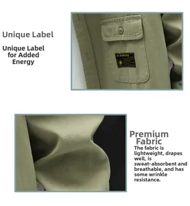 Macro detail of military green workwear shirt featuring utility pocket and woven brand label