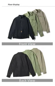 Flat lay detail of cargo shirts showing front and back views in black, green, and khaki