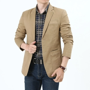 Detail shot of men's khaki slim fit cotton casual blazer with functional patch pockets