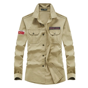 Men's khaki long sleeve tactical shirt with military-style patches and dual chest pockets