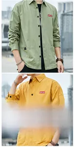 Detail view of light green and yellow cargo shirts with button pockets and woven labels