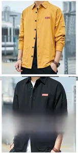 Detail shot of men casual cargo shirt with left sleeve pocket and brand logo patch