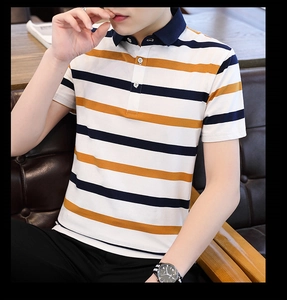 Detailed view of men's polo shirt with navy, white, and yellow horizontal stripes