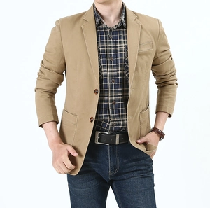 Detail of khaki men's slim fit casual blazer jacket with notched lapel and flap pockets