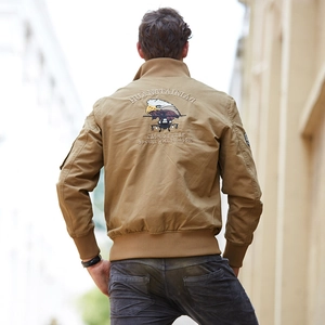 Men's khaki cotton bomber jacket featuring detailed eagle and helicopter back embroidery