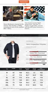 Detailed size chart for men reversible stand collar jacket showing garment measurements