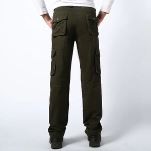 Rear view of men's straight olive green cargo pants with practical utility pockets