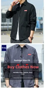 Detail of red embroidered text on chest and cargo sleeve pocket of casual shirt