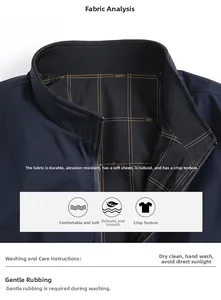 Detail of navy casual jacket with ribbed collar, metal zipper, and plaid lining