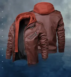 Détail de la veste à capuche en similicuir marron pour homme avec doublure rouge