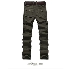 Army green straight cargo pants for men featuring multi-pocket design and belt, back view