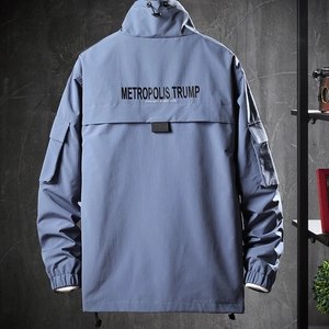 Men's outdoor fog blue windbreaker jacket with Metropolis Trump print on back
