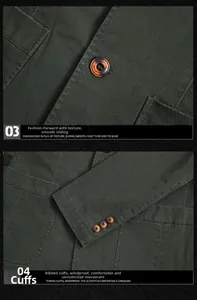 Detail of dark green cotton utility jacket with ribbed cuffs and reinforced stitching