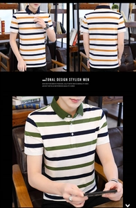 Detail of striped cotton polo shirt featuring navy collar and tri-color horizontal bands