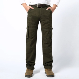 Men's olive green straight cargo pants with functional side pockets and canvas texture
