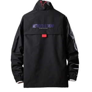 Men's black stand collar jacket with Metropolis Trump graphic print on the back