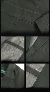 Detail of dark green jacket showing reinforced stitching and functional inner pocket