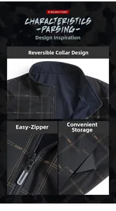 Detail view of the stand collar, smooth metal zipper and side pockets on men's casual jacket