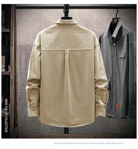 Detail of khakhi and dark grey men's casual shirts showing the back box pleat design