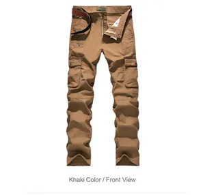Men's khaki multi-pocket cargo pants in straight fit with a dark brown leather belt