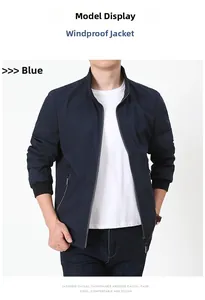 Detail of navy blue windbreaker featuring a stand collar, ribbed cuffs, and zippered pockets