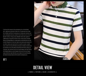 Close-up detail of breathable cotton striped polo shirt featuring navy and olive knit fabric