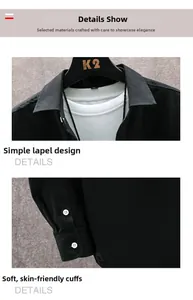Detail of lapel collar and soft cuffs with white buttons on black casual shirt jacket