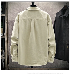 Detailed back view of beige casual work shirt with industrial style shoulder pleats